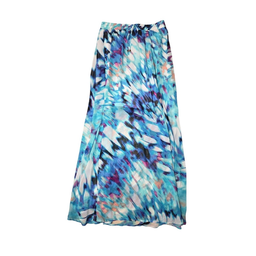 Blue Aqua‎ Multicolor Watercolor A-Line Chiffon Maxi Skirt PS Waist Tie